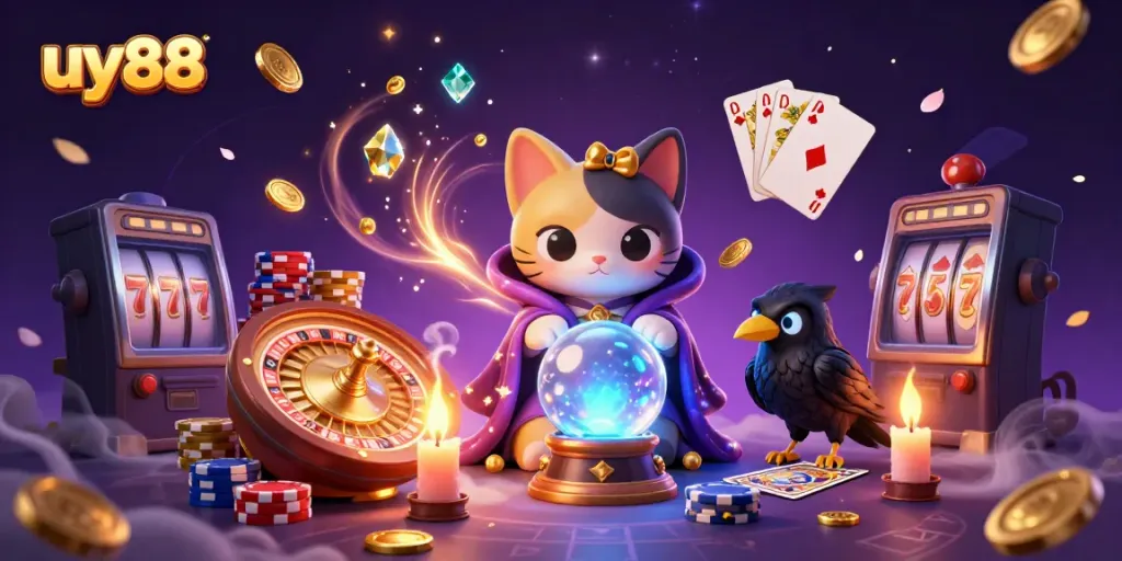 Experience thrilling play with uy88, showcasing a mystic cat, raven, and bright casino elements.