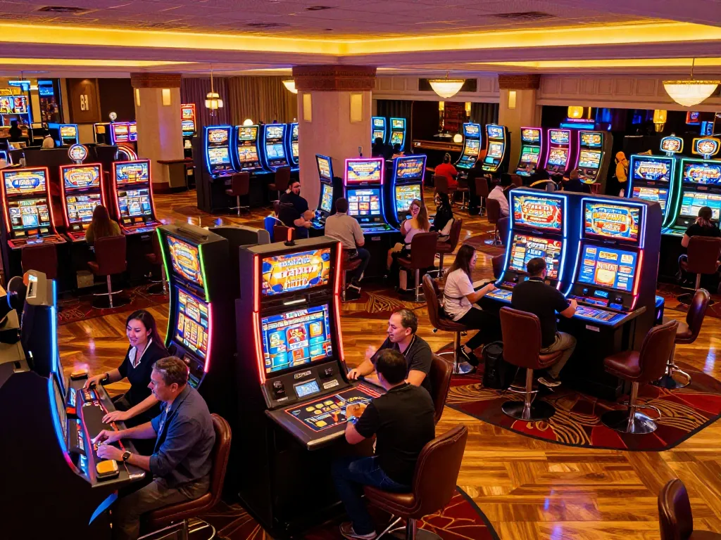 C168 action at the vibrant casino floor with players enjoying slot machines and dynamic game tables.