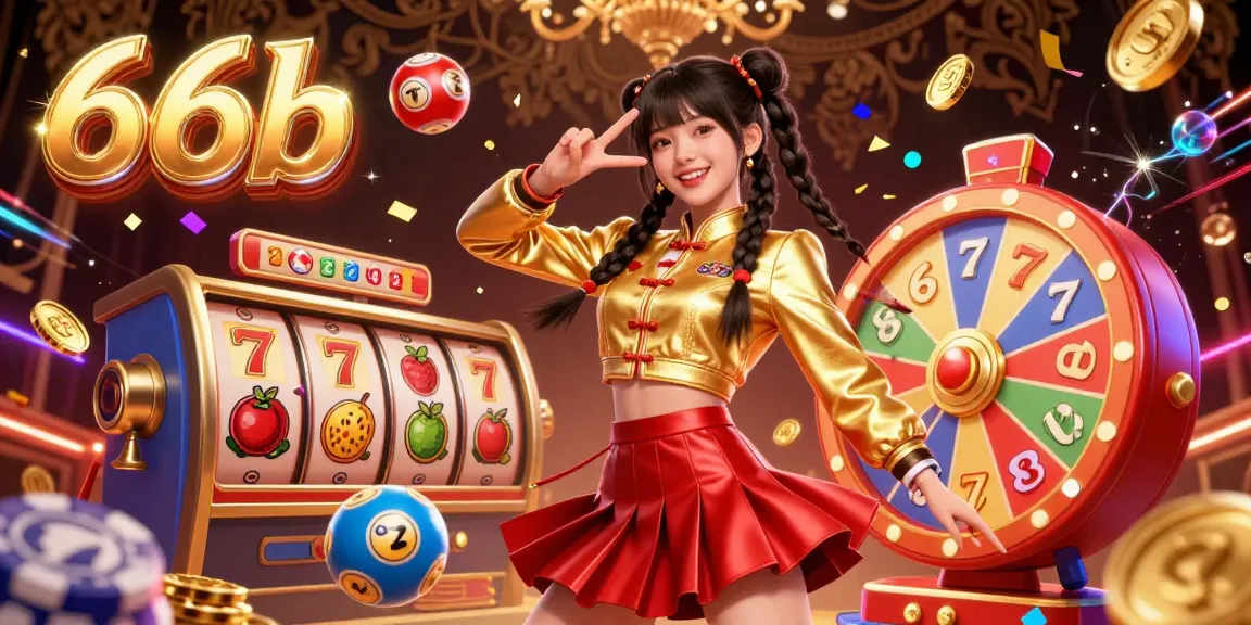Play thrilling games at 66b casino with vibrant colors and exciting slot elements surrounding a joyful woman.