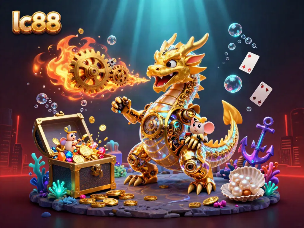 Engage in exciting gaming at lc88 with a vibrant casino-themed 3D illustration featuring a golden dragon.