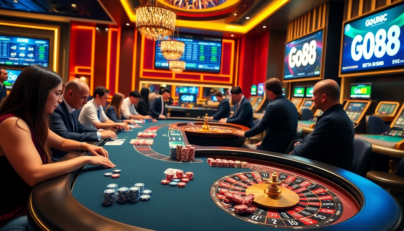 Go88 gaming table showcasing vibrant poker chips and cards in a luxurious casino setting