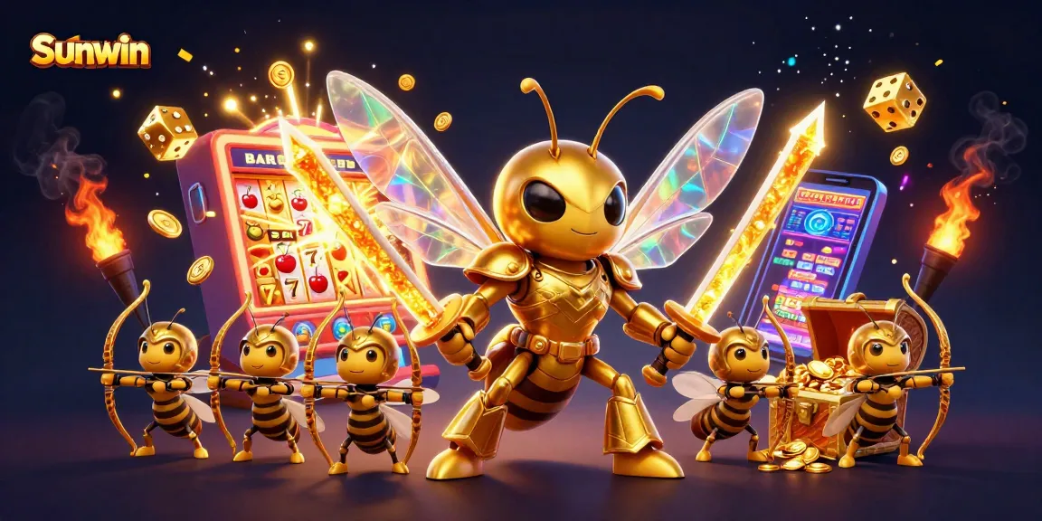 Sunwin players enjoy a thrilling jackpot experience with a vibrant, action-packed casino scene as the hornet character leads the charge.