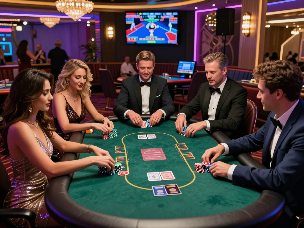 Exciting poker game scene at credit card casinos with diverse players, vibrant atmosphere, and luxurious decor