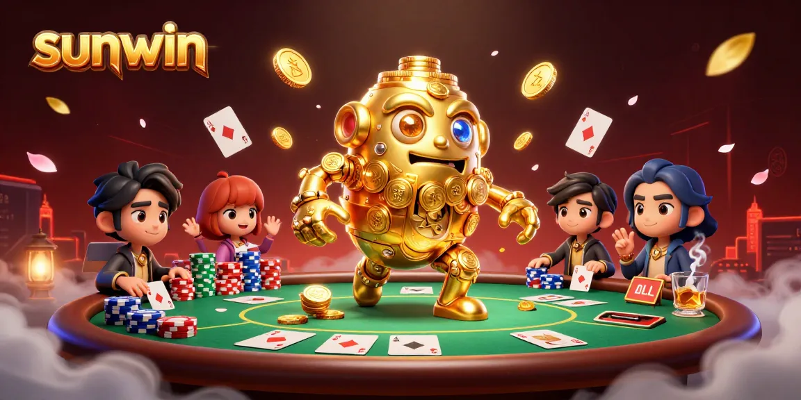 Experience the thrill of winning at sunwin casino with this dynamic golem adorned in golden coins and poker elements.