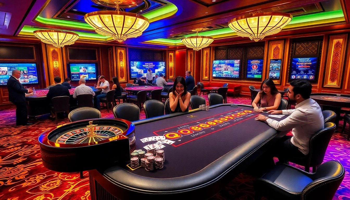 Experience the thrill of QQ88 COM at a luxurious casino table with players and vibrant gaming elements.