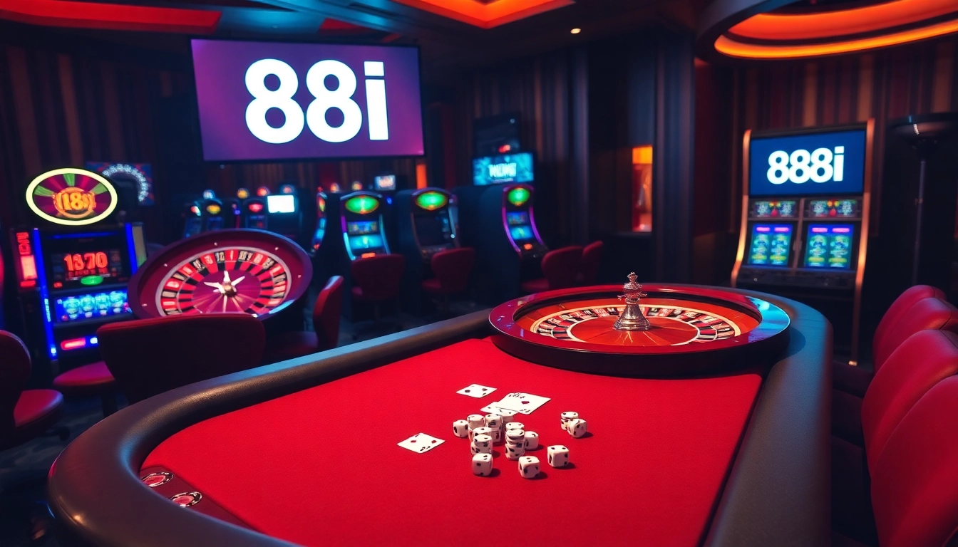 An exciting casino scene showcasing players enjoying 88I poker games and roulette, with vibrant slot machines in the background.