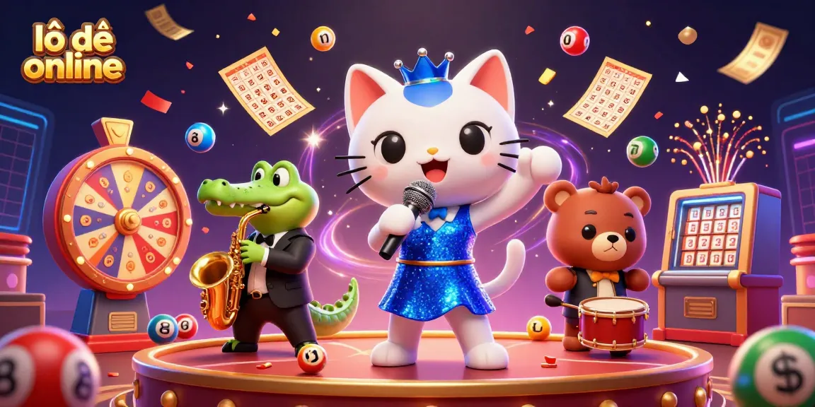 Engage in lô đề online with a vibrant 3D illustration featuring a jazz-singer cat, saxophone crocodile, and drum-playing bear amidst lottery elements.