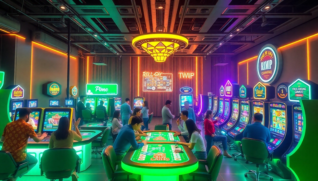 Exciting scene of players enjoying rikvip game bài đổi thưởng in a vibrant virtual casino.