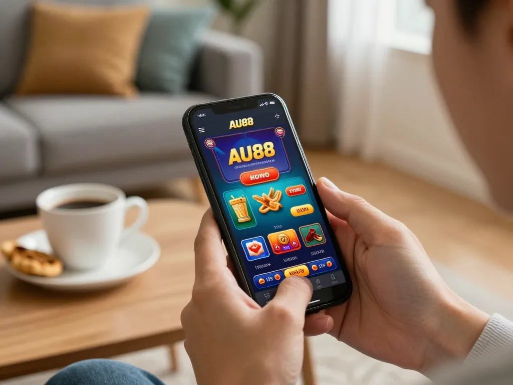 Player engaging with AU88 mobile casino app while enjoying a cozy home environment.