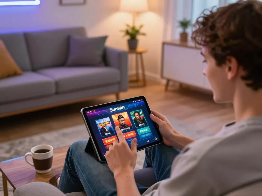 Player enjoys online gaming with the Sunwin app in a cozy home setting, highlighting responsible entertainment.