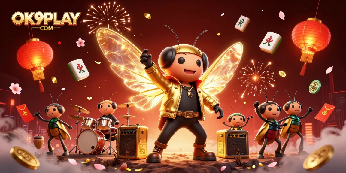 Engage with the excitement of OK9PLAY COM featuring dynamic casino-themed characters and vibrant decorations.