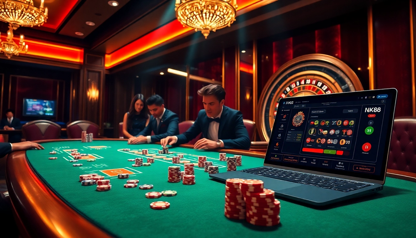 Experience the thrilling atmosphere of NK88 online gambling with vibrant casino visuals and engaging gameplay.