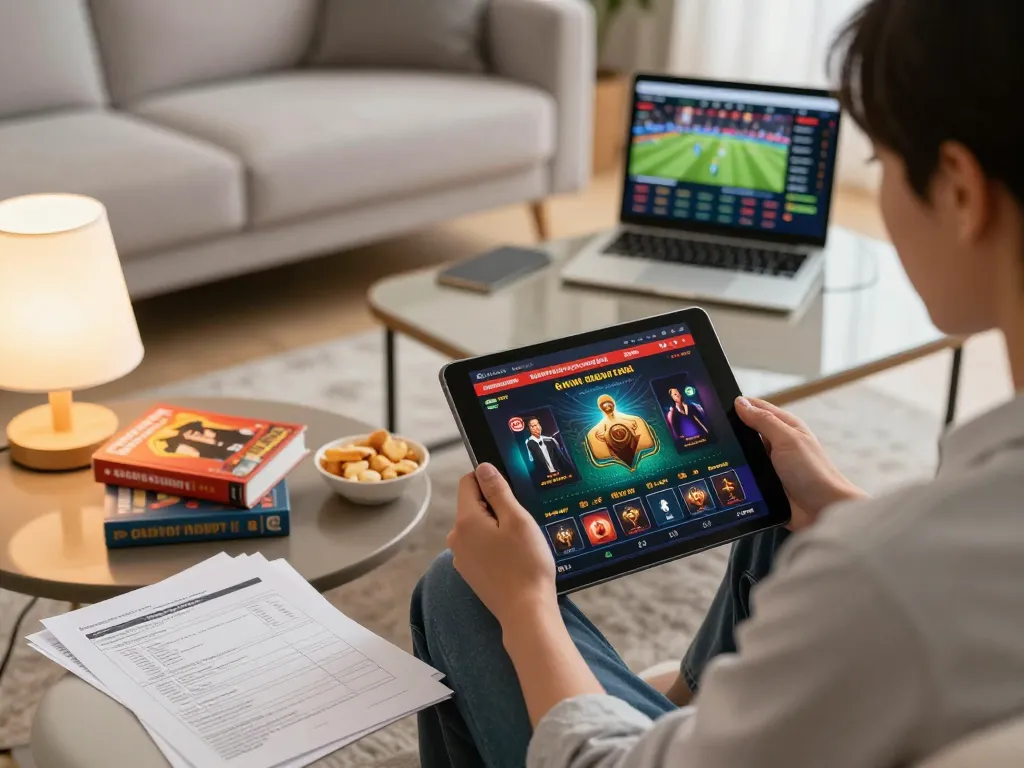 Engaging setup showing a person using a tablet for Link đăng ký Fabet while enjoying a cozy home atmosphere.