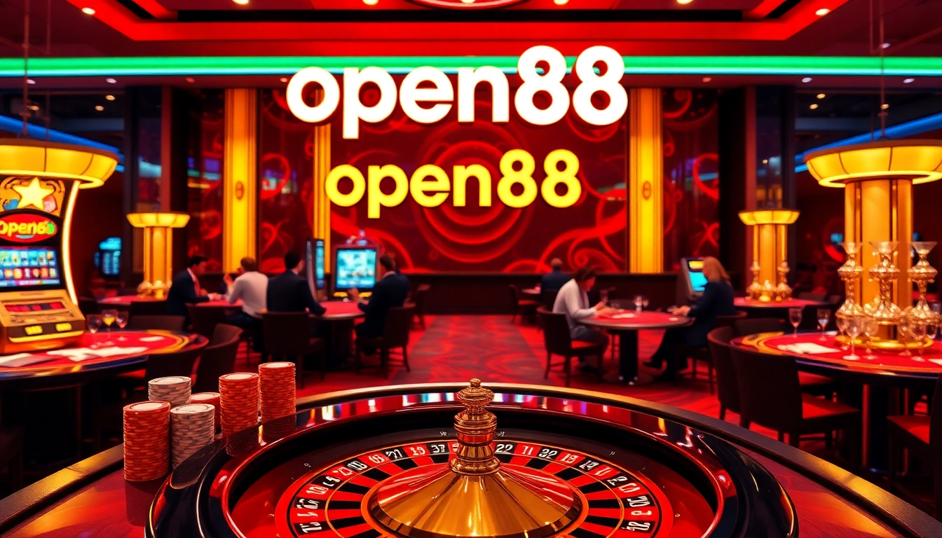 A dynamic open88 casino scene featuring poker tables and excited players immersed in games.