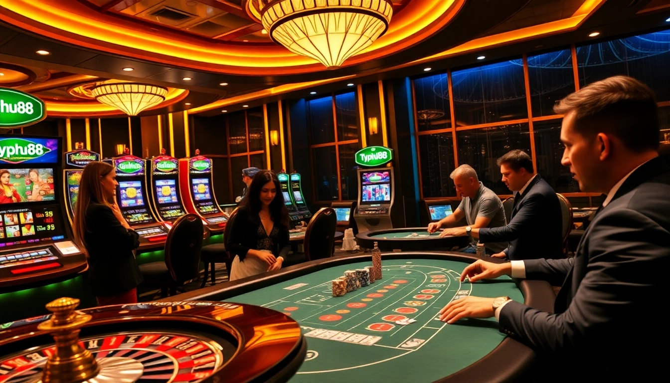 Experience the excitement of Typhu88 with vibrant casino visuals featuring engaging poker and slot games.