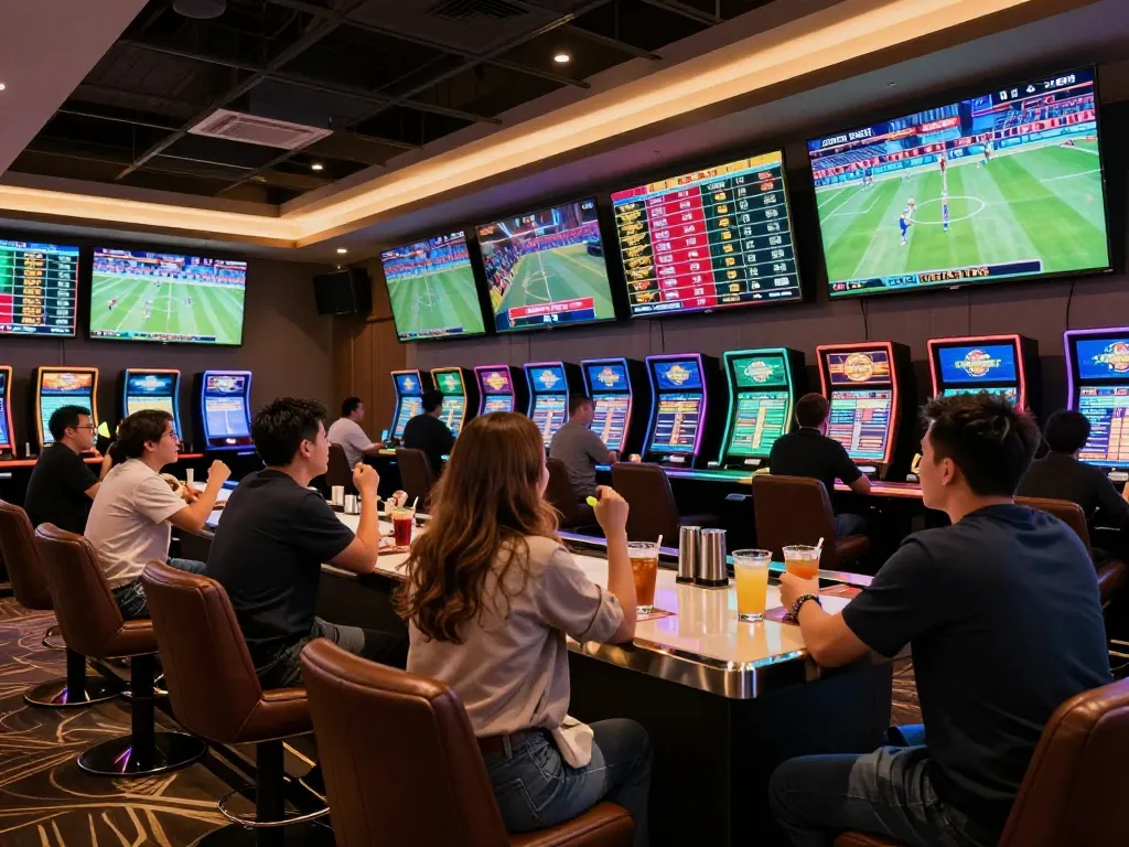 Excited patrons placing bets at a sports lounge in 789WIN casino with lively screens.