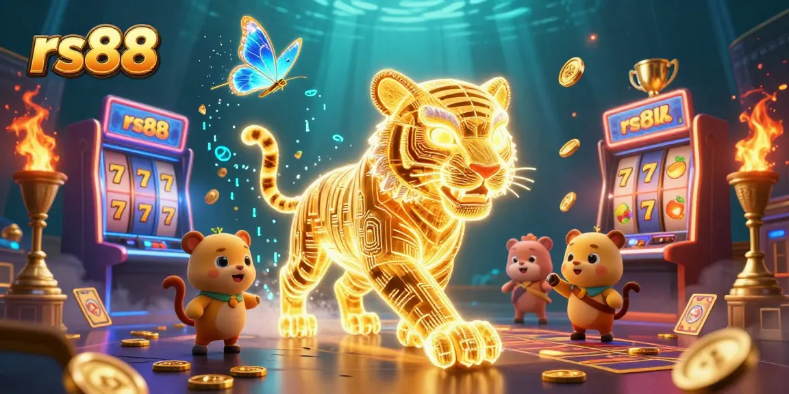 Engage in exhilarating gameplay with rs88 featuring vibrant slot machines, a golden tiger, and dynamic casino elements.