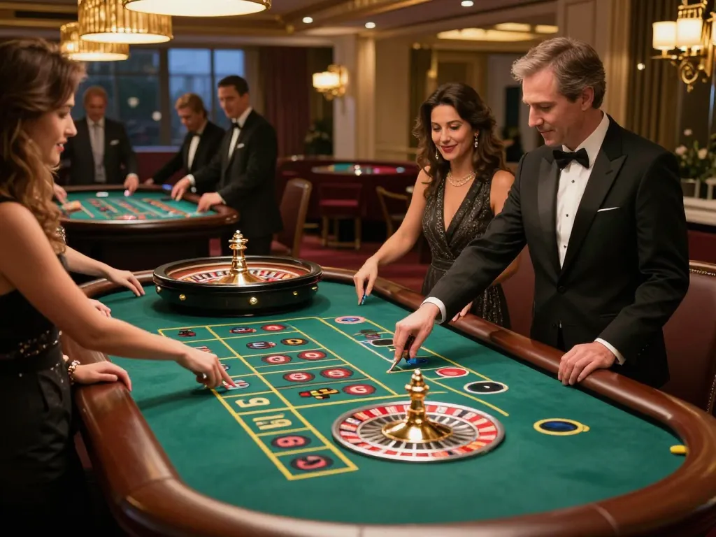 Players enjoying a thrilling roulette game at qq88 casino, with lively ambiance and vibrant decor