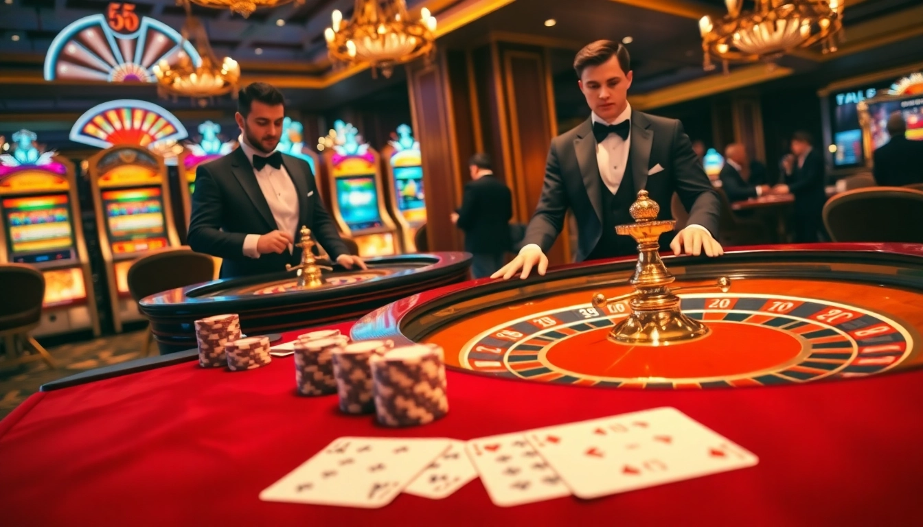 Exciting casino scene showcasing a roulette table and poker cards at http://aalo789.in.net/ with luxurious decor.