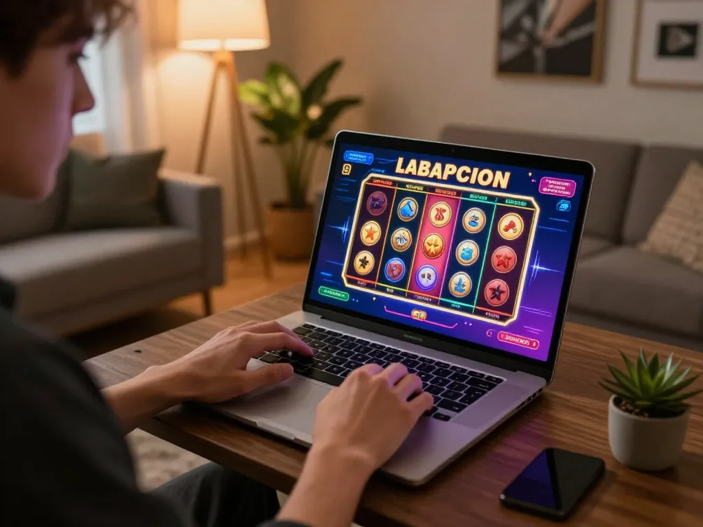 Engaging in online casino gaming on laptop with 789win platform's vibrant graphics and cozy ambiance.