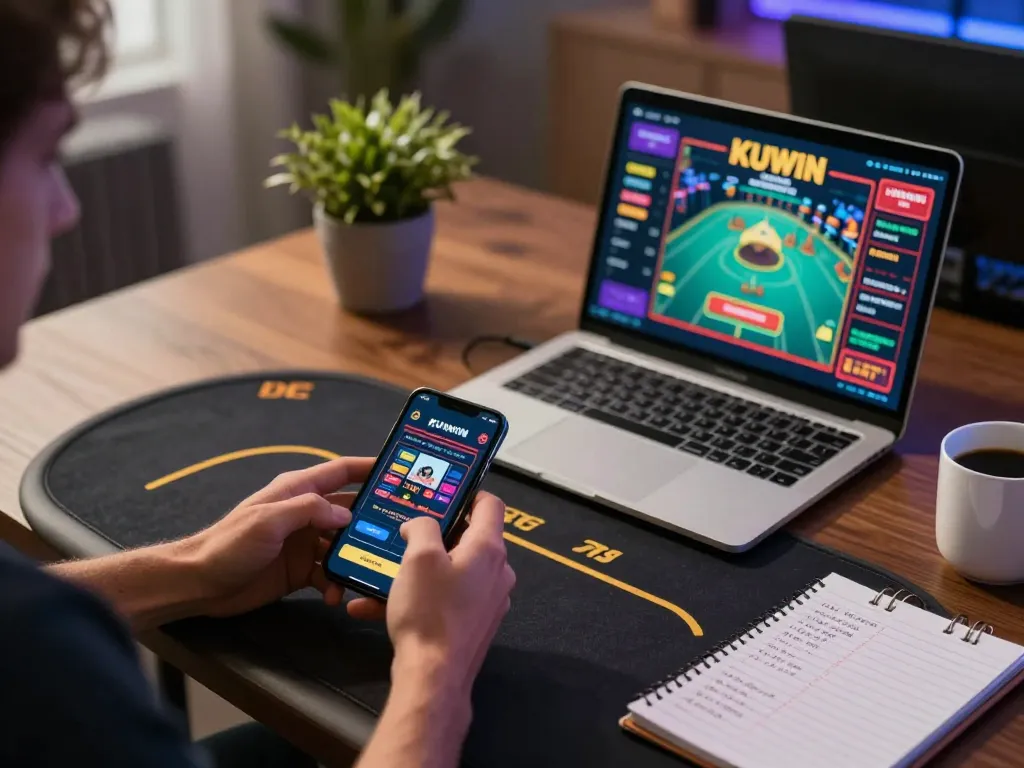 KUWIN player engaging in mobile casino gaming while analyzing strategies in a cozy home office setting.