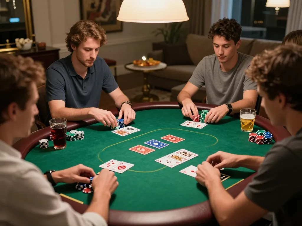 Engage in thrilling gameplay with the Link đăng ký Vivu88 at your cozy home poker night, showcasing friends enjoying a competitive, strategic game.