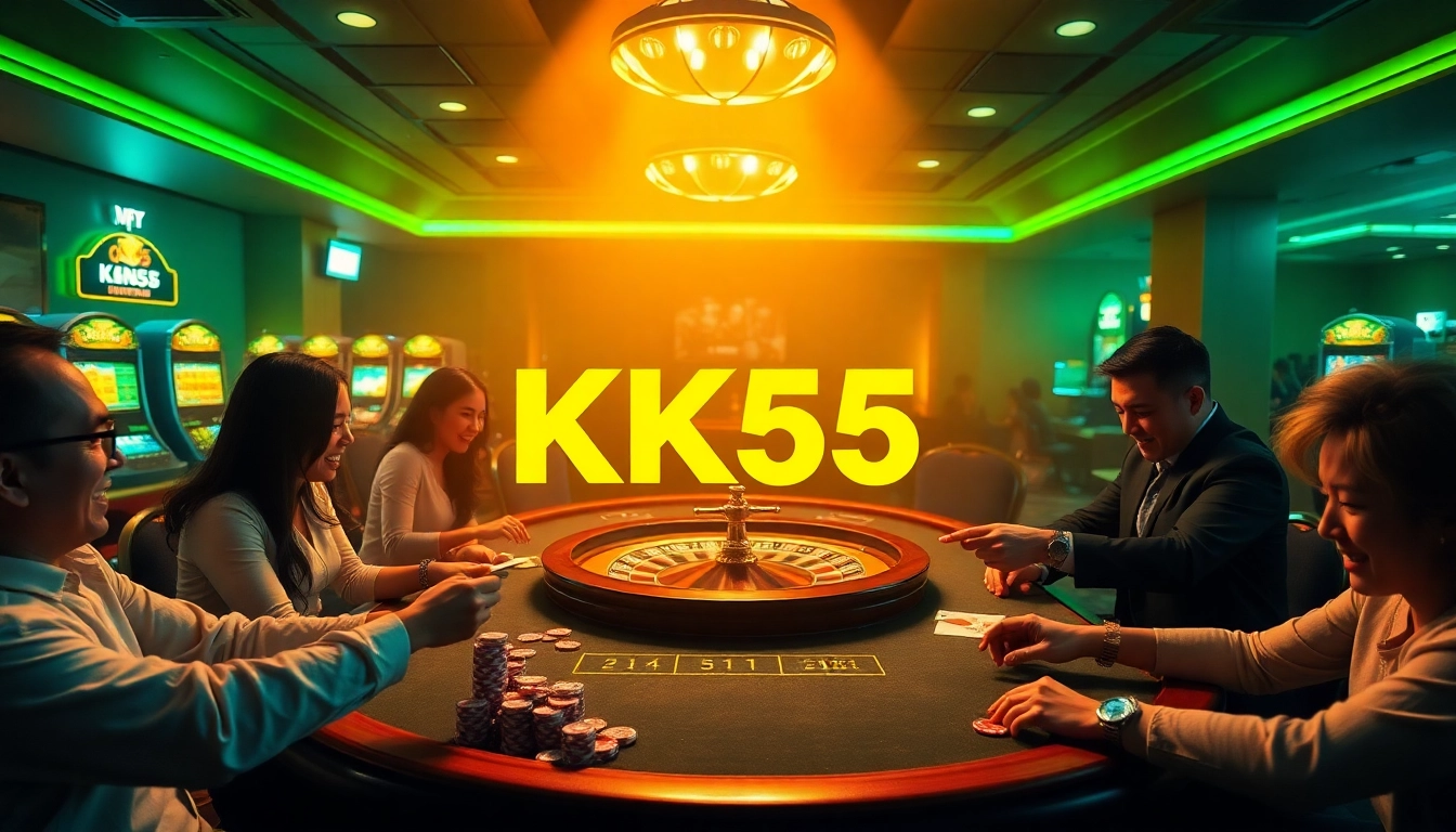Players enjoy high-stakes poker at KK55, showcasing cards and chips on a luxurious casino table.