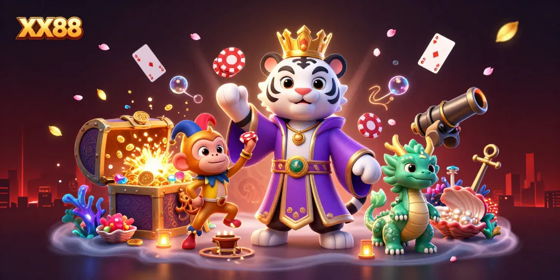 Experience thrilling wins with XX88 where vibrant games and playful mascots meet in a dynamic casino illustration.
