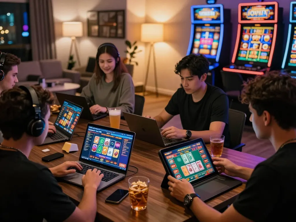 Players engaging in rikvip online gaming in a cozy home setting with vibrant interfaces.