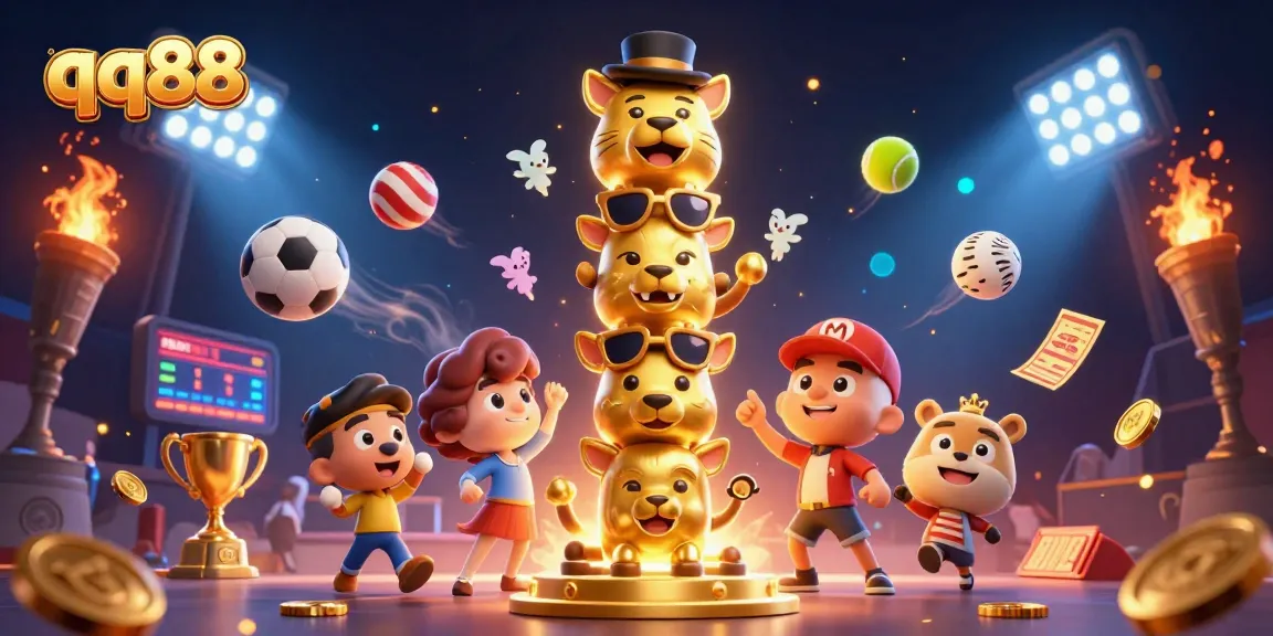 Bet on exciting sports with qq88; a vibrant, dynamic casino-themed illustration packed with action.