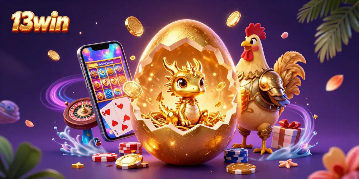 Experience the excitement of 13win with a golden dragon emerging from a jackpot egg amidst festive casino games.
