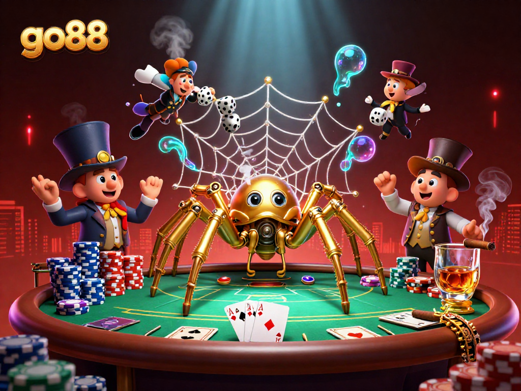 Engaging go88-themed casino illustration with a steampunk spider and poker elements.