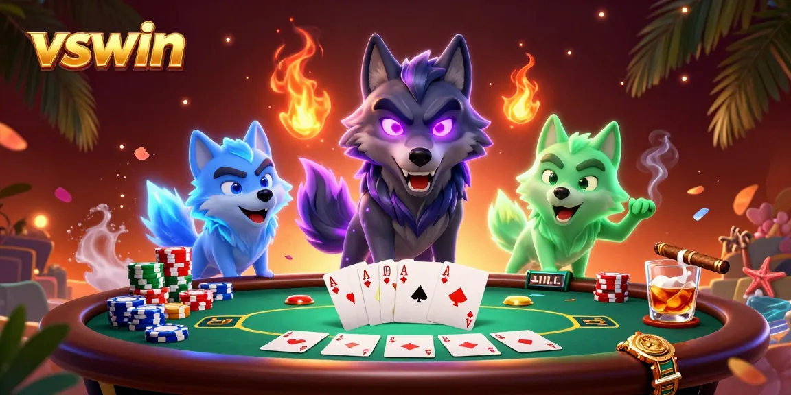 Experience thrilling poker action with vswin as mystical wolves reign supreme in a vibrant casino scene.