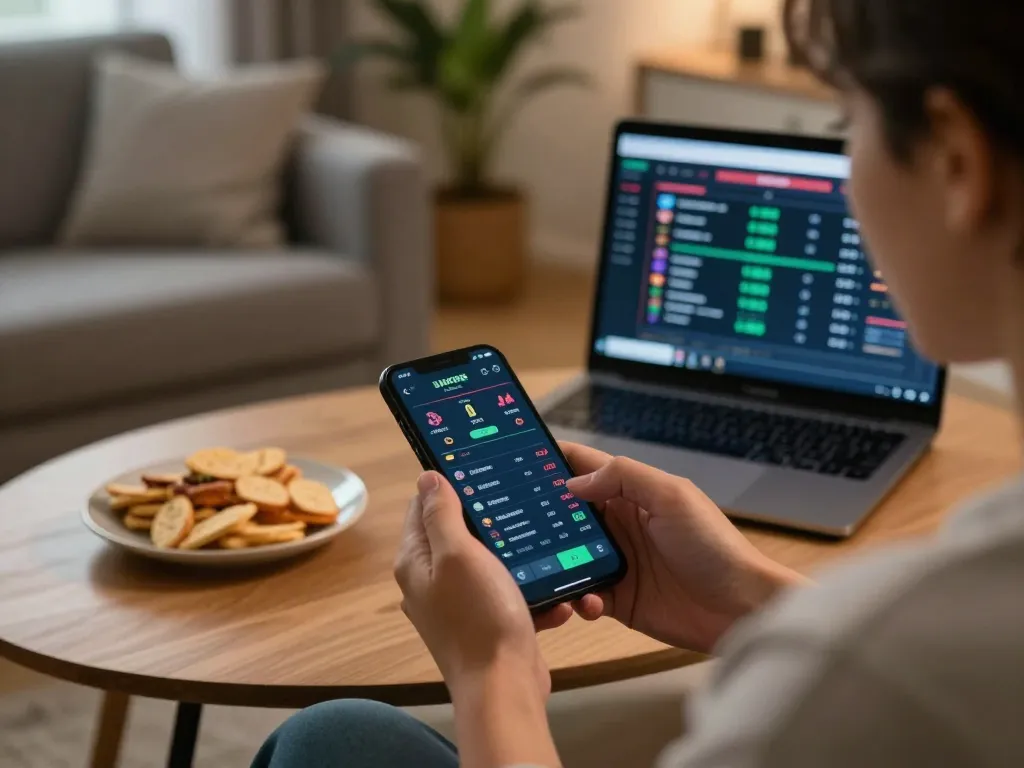Engaging in sports betting on a smartphone with FB88 app, cozy home setting and live odds displayed.