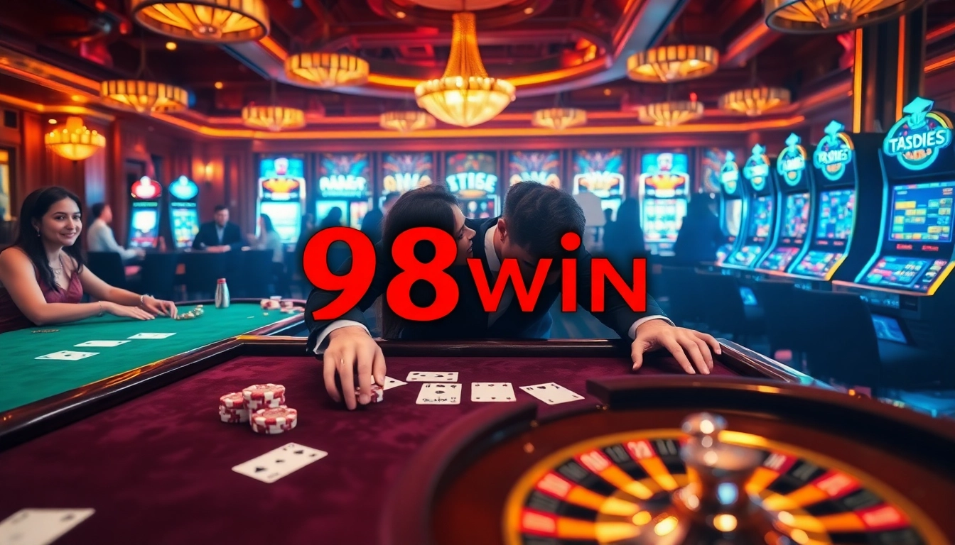 Experience the thrill of 98win with vibrant casino games featuring poker chips and roulette wheels.
