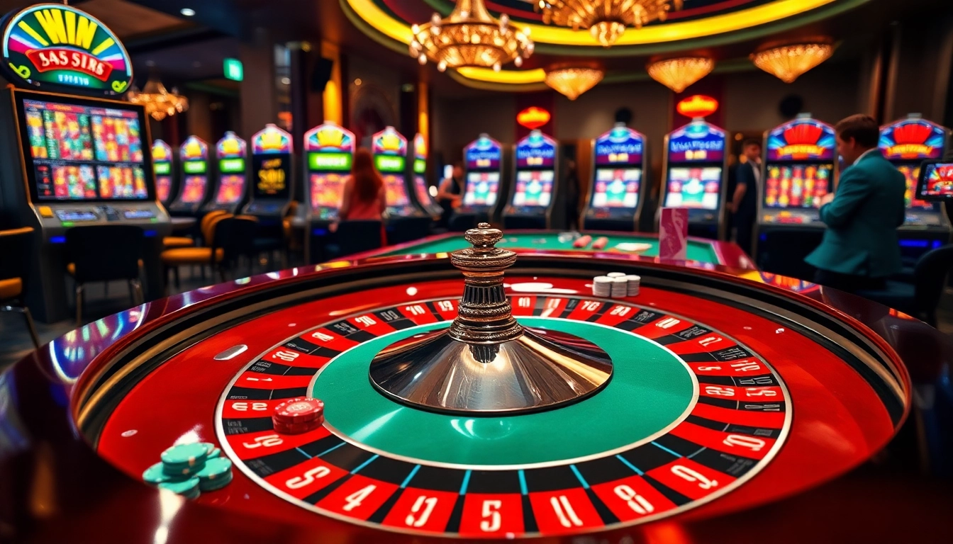 Experience thrilling gameplay at LuckyWin's luxurious casino with roulette, slots, and poker action.