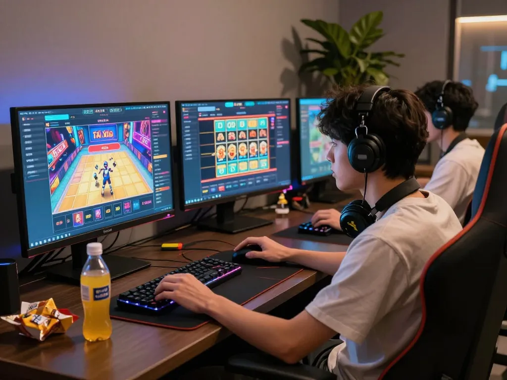 Engaged gamer at a modern setup playing tải hit club games on multiple screens with vibrant graphics.