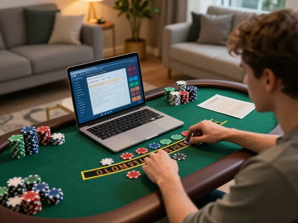 Engaged player enjoying online blackjack at home, showcasing hitclub strategy in a cozy setup.