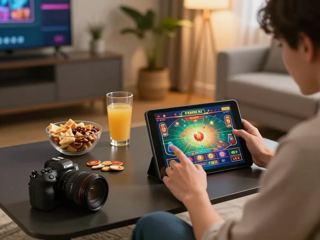 Engaging in an o8 online casino game on a tablet amidst a cozy home environment.