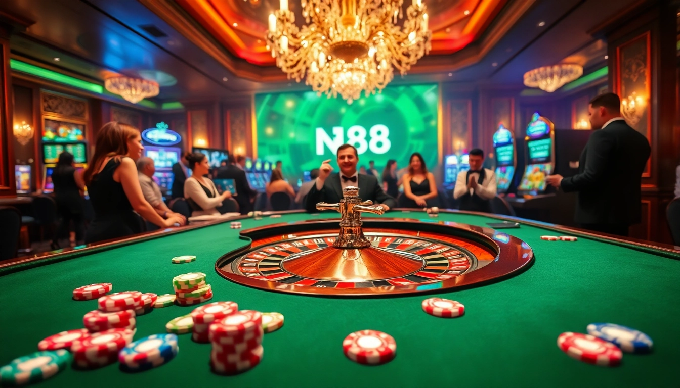 Exciting casino atmosphere highlighting n188 promotions and vibrant gameplay with roulette and slot machines.