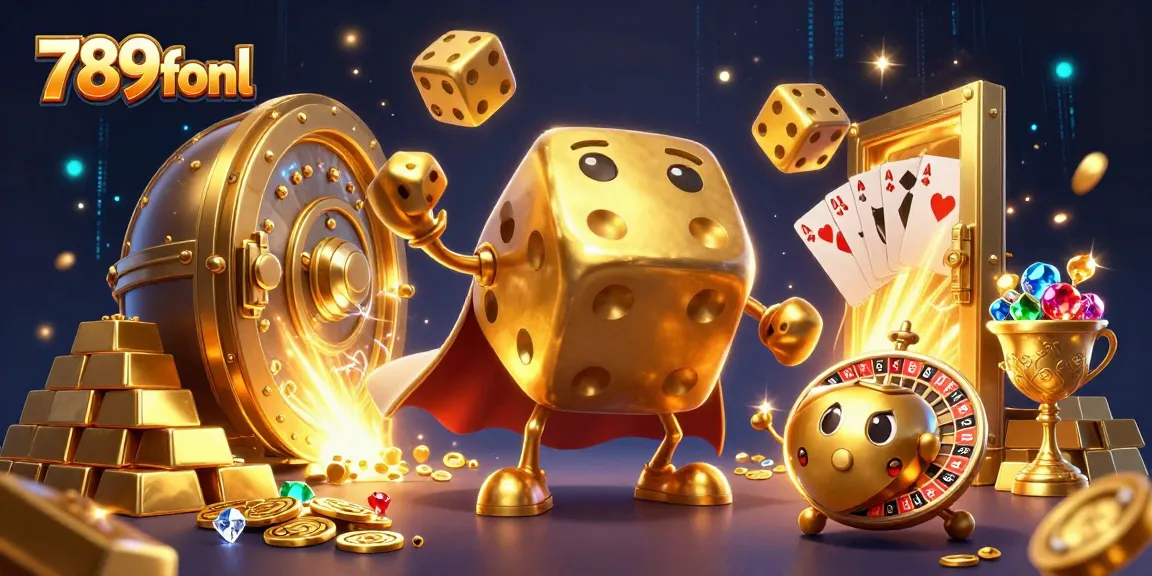 Win big at 789fonl with a vibrant 3D casino scene featuring golden dice and treasure