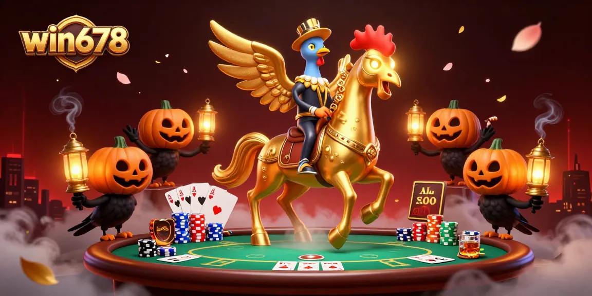 Experience thrilling poker at win678 with a golden rooster in an enchanting midnight casino scene.