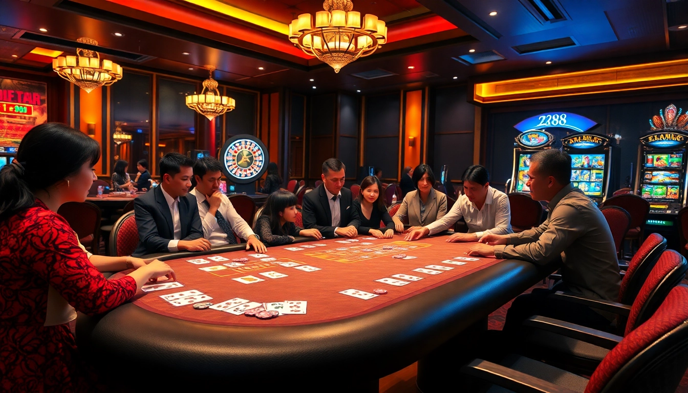 Engaging scene at hz88 casino showcasing a thrilling poker game with players and vibrant gaming elements.