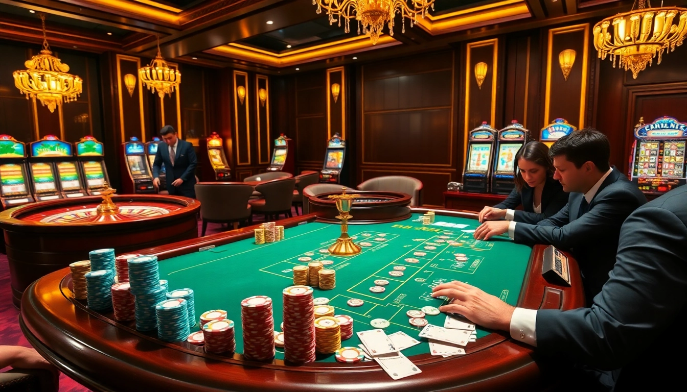 Engaging players at king 88 poker table in a luxurious casino setting with chips and roulette wheel.