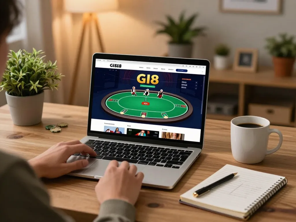 Person enjoying online gambling at home with GI8, highlighting strategic gameplay on laptop
