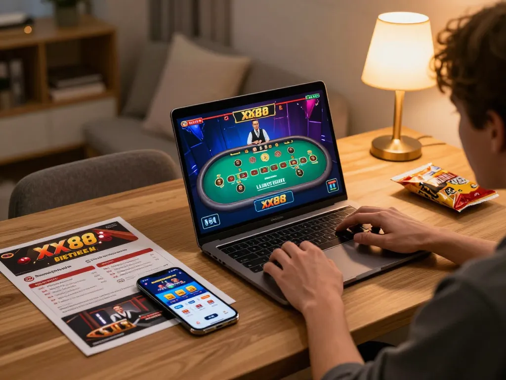 Player engaging in online casino gaming on XX88's platform with vibrant setup for responsible entertainment.