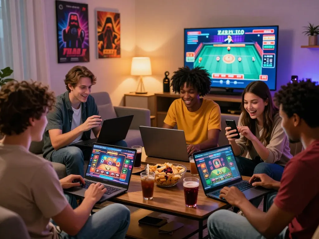 Friends enjoying 789club online casino games in a cozy living room setting.