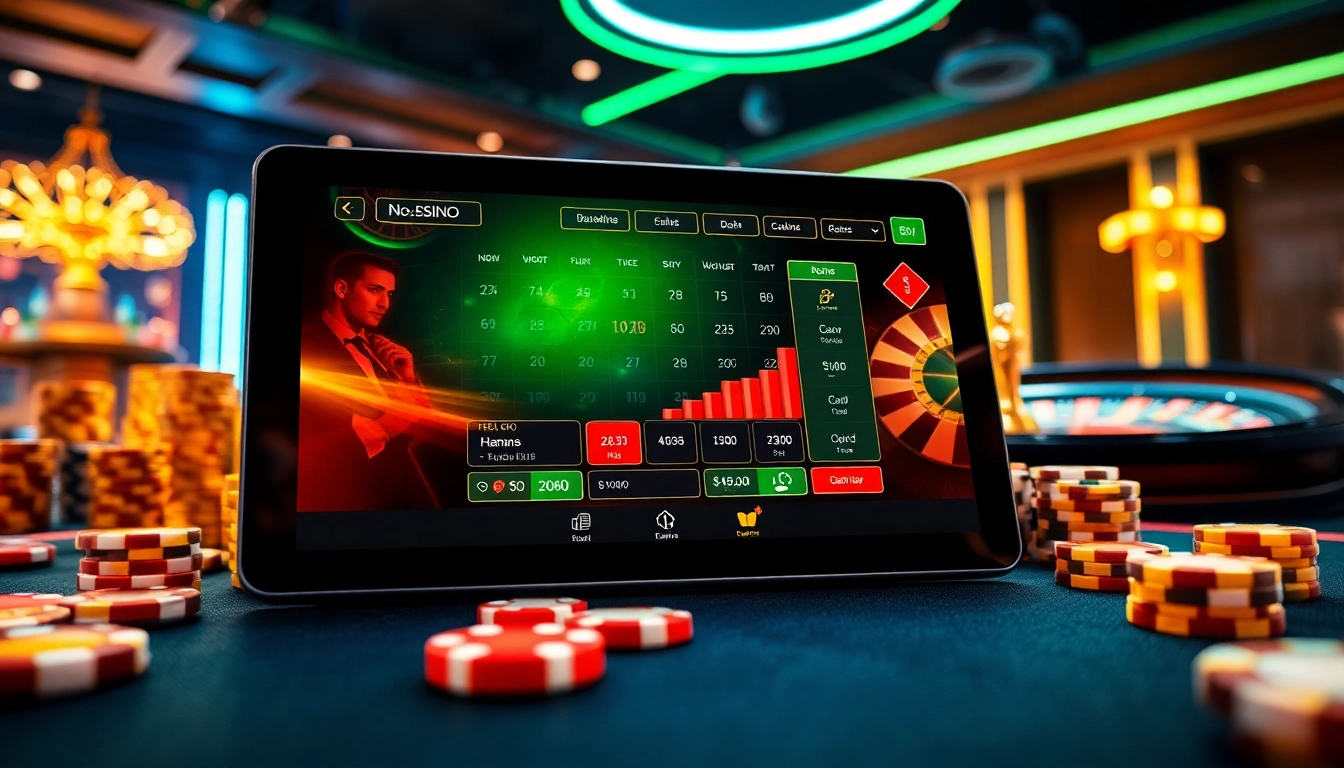 Engage with the thrilling atmosphere of https://nohu90.social/ through a vibrant casino scene showcasing poker chips and roulette wheels.