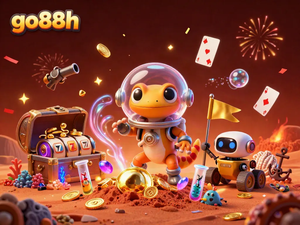 Engage in thrilling gameplay with go88h's vibrant casino scene featuring alien characters and a treasure trove of gold.
