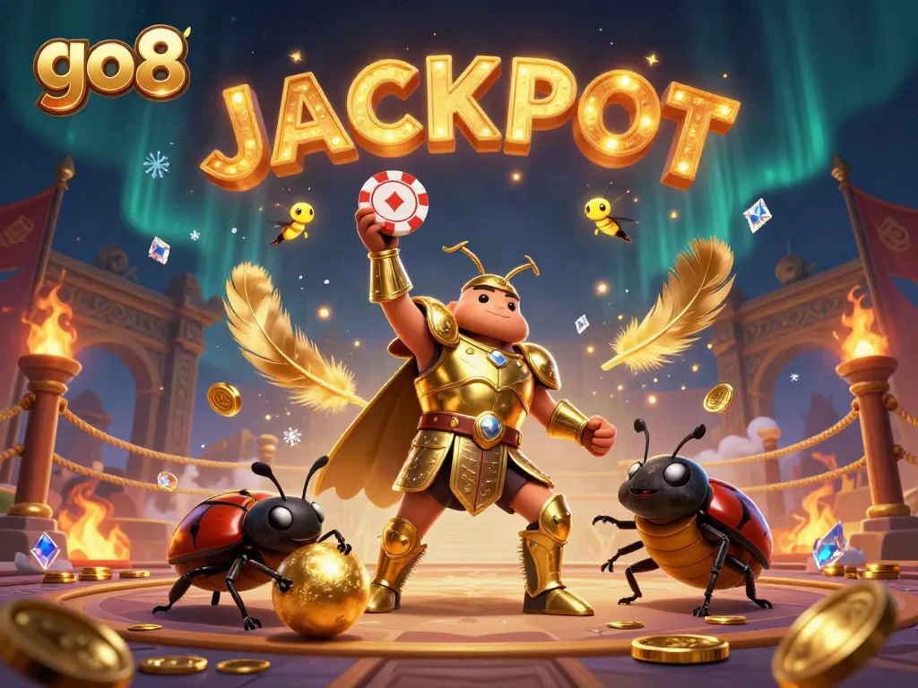 Engage with go8 as the 3D cartoon hercules beetle celebrates a big win over a vibrant casino backdrop.